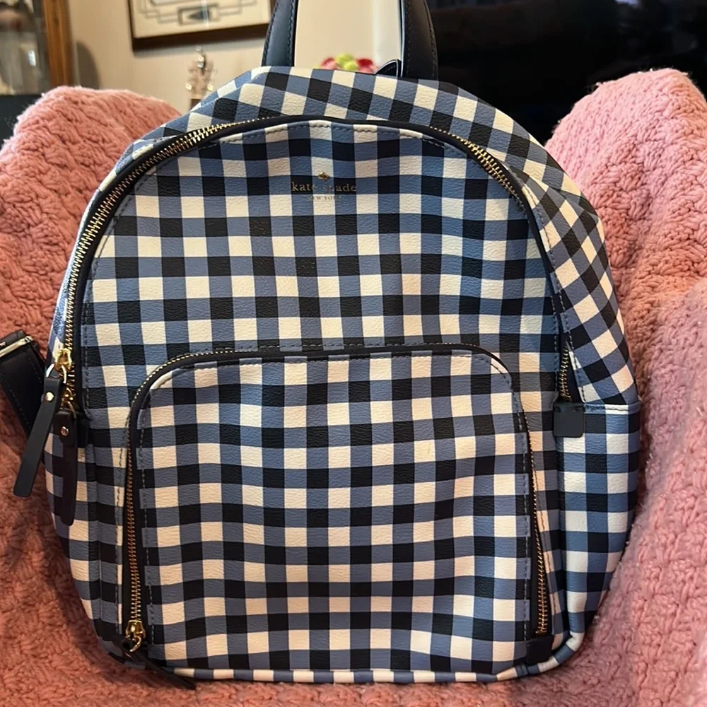 Kate Spade, large blue and white checkered backpack with extra front zipper part